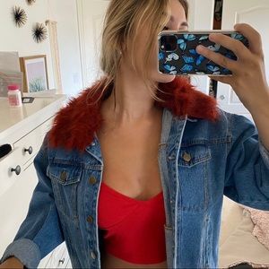 Vintage Jean jacket with red fur collar